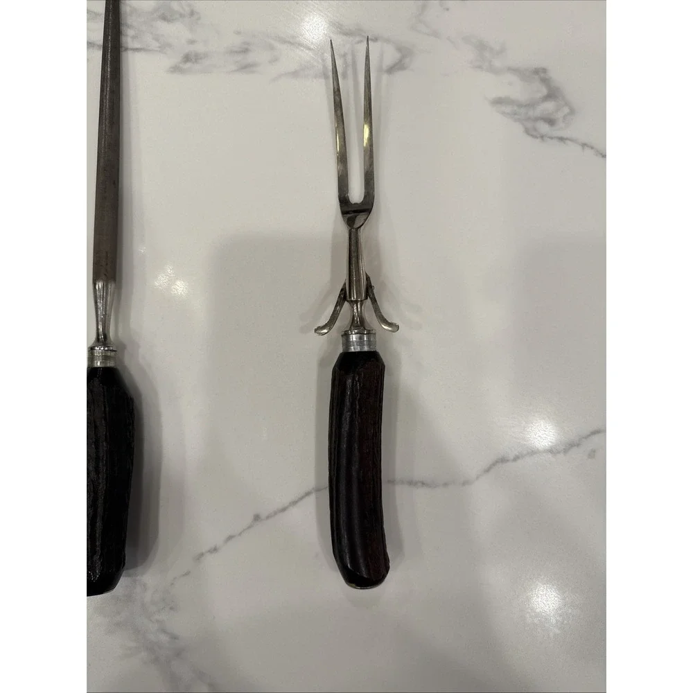 Vtg Russell Carving Set Stag Antler Horn Handle Stainless Knife Sharpener Fork